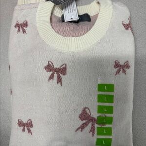 Soft Cream Sweater with Pink Bow Motif - Women's
